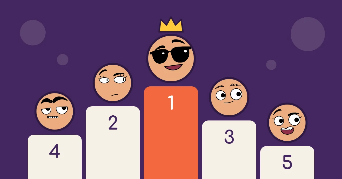 Five players on a ranking podium, the winner with a crown